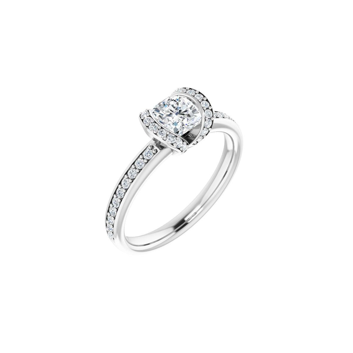 Natural Diamond Cushion Half-Bezel Halo-Style Engagement Ring Semi-Mount - 14K White Gold - Series 121995