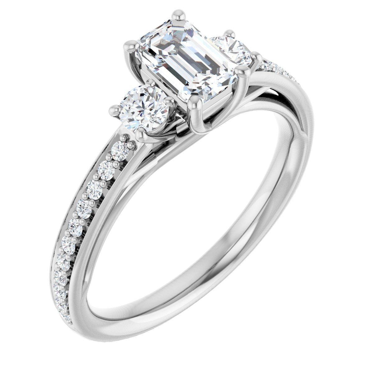 Natural Diamond Emerald Three-Stone Engagement Ring Semi-Mount - 14K White Gold - Series 122000
