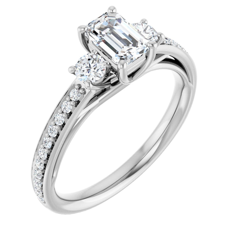 Natural Diamond Emerald Three-Stone Engagement Ring Semi-Mount - 14K White Gold - Series 122000
