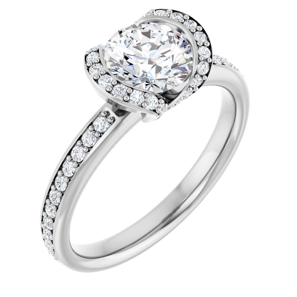 Natural Diamond Round Half-Bezel Halo-Style Engagement Ring Semi-Mount - Platinum - Series 121995