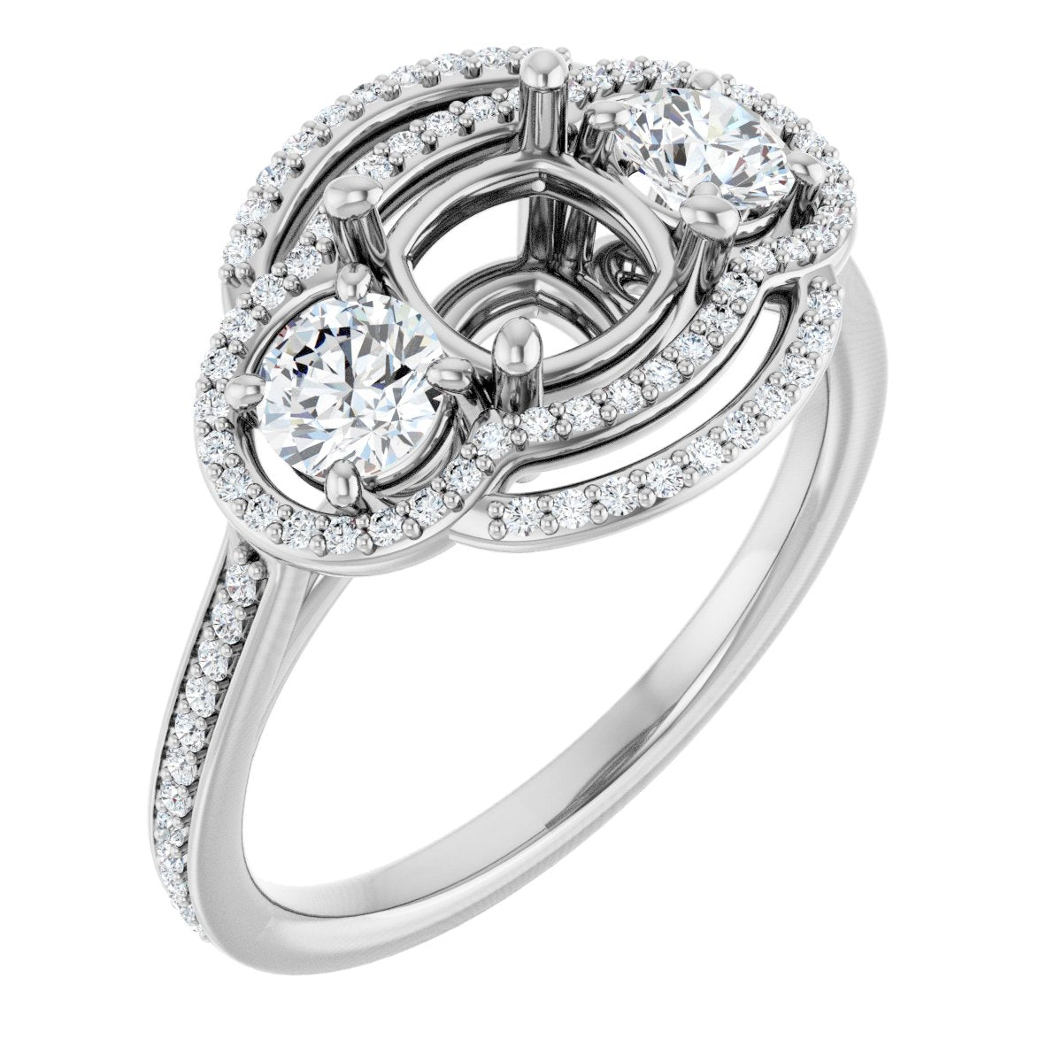 Natural Diamond Cushion Three-Stone Halo-Style Engagement Ring Semi-Mount - 14K White Gold - Series 122367