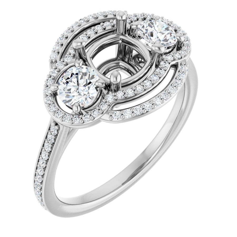 Natural Diamond Cushion Three-Stone Halo-Style Engagement Ring Semi-Mount - 14K White Gold - Series 122367