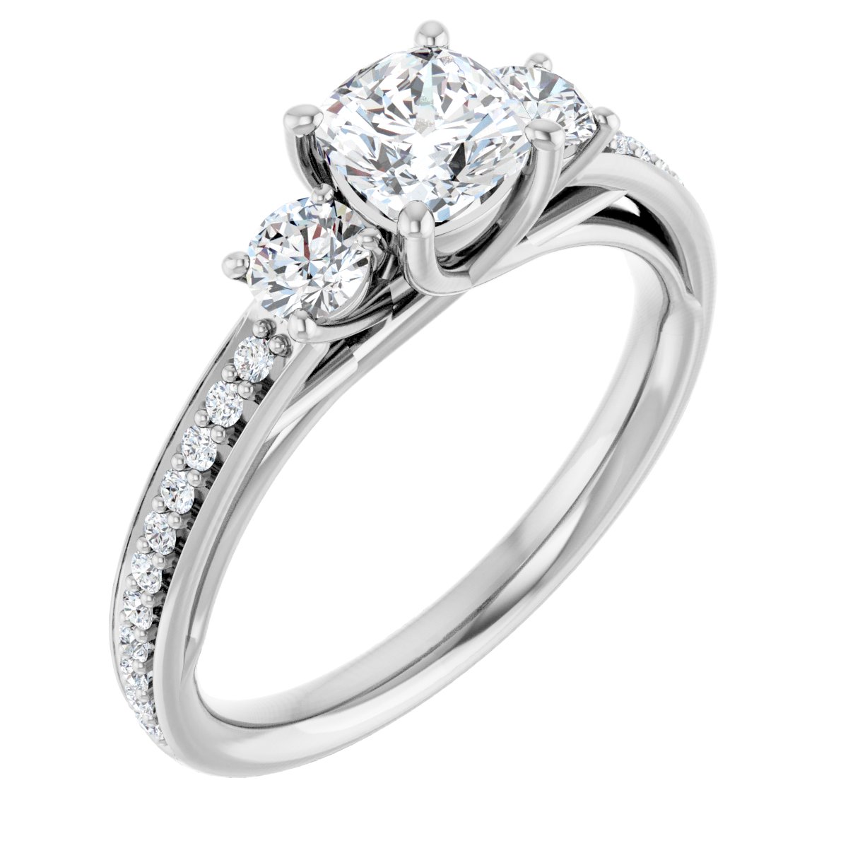 Natural Diamond Cushion Three-Stone Engagement Ring Semi-Mount - 14K White Gold - Series 122000