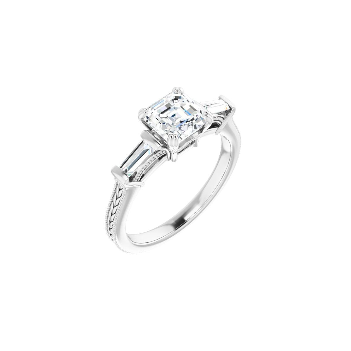 Natural Diamond Asscher Twin-Prong Three-Stone Engagement Ring Semi-Mount - 14K White Gold - Series 122970