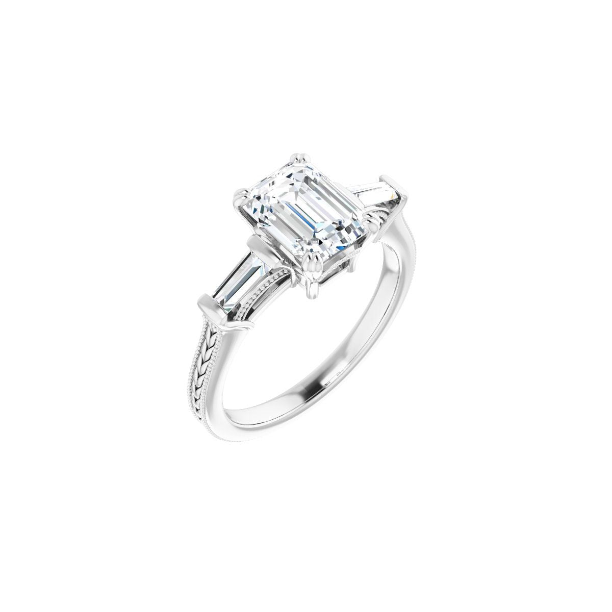 Natural Diamond Square Twin-Prong Three-Stone Engagement Ring Semi-Mount - 14K White Gold - Series 122970