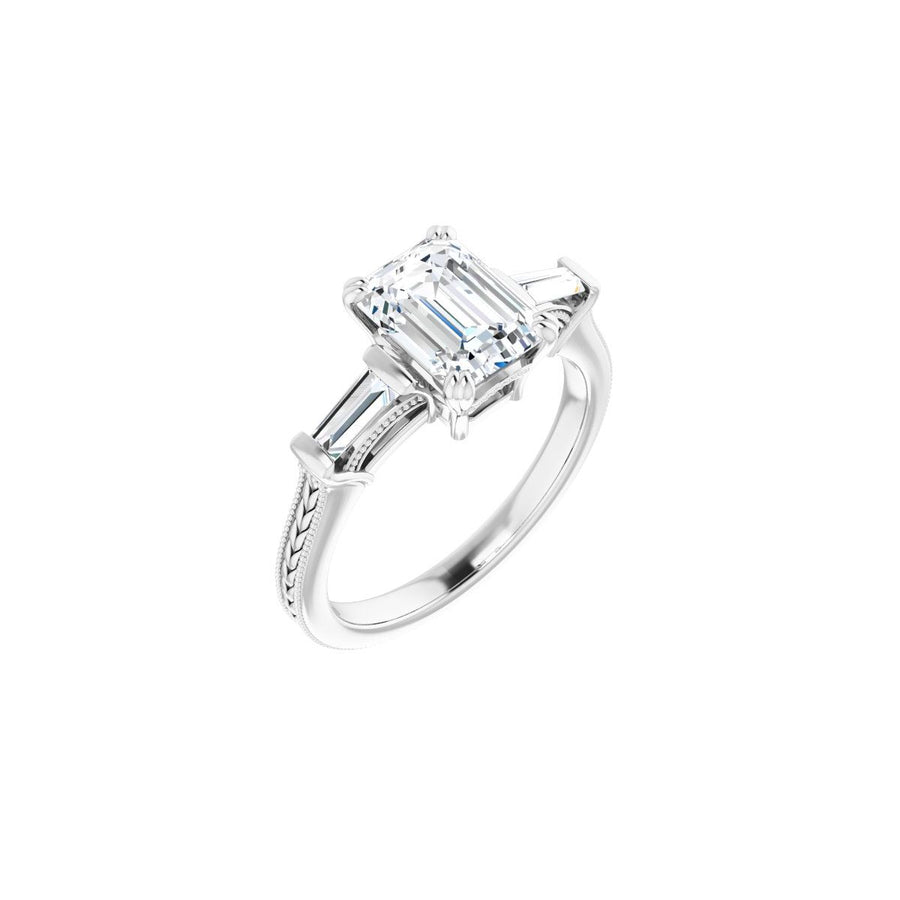 Natural Diamond Square Twin-Prong Three-Stone Engagement Ring Semi-Mount - 14K White Gold - Series 122970