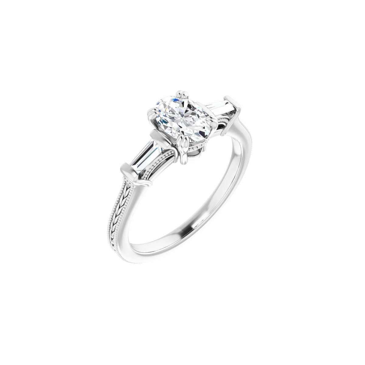 Natural Diamond Oval Twin-Prong Three-Stone Engagement Ring Semi-Mount - 14K White Gold - Series 122970