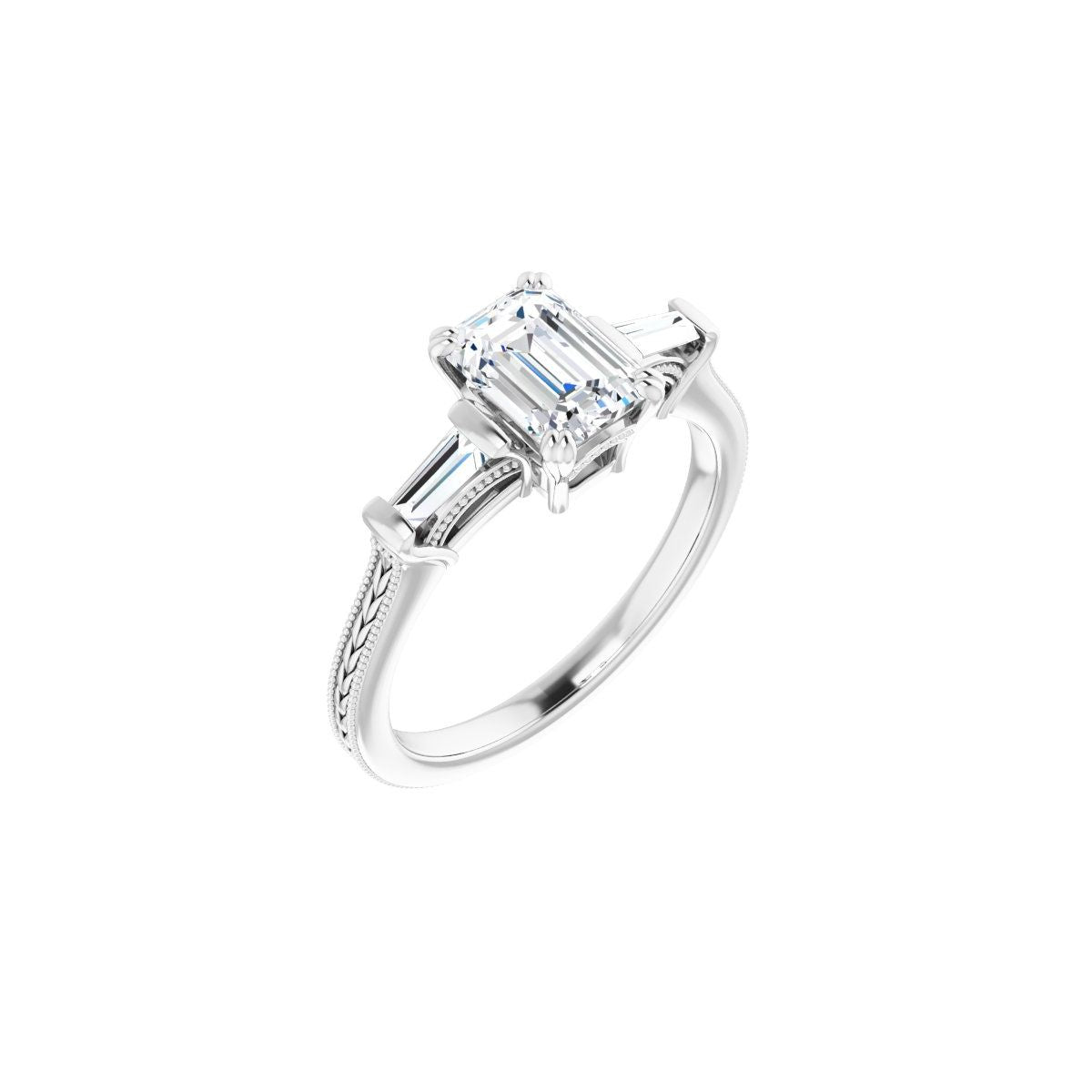 Natural Diamond Emerald Twin-Prong Three-Stone Engagement Ring Semi-Mount - 14K White Gold - Series 122970