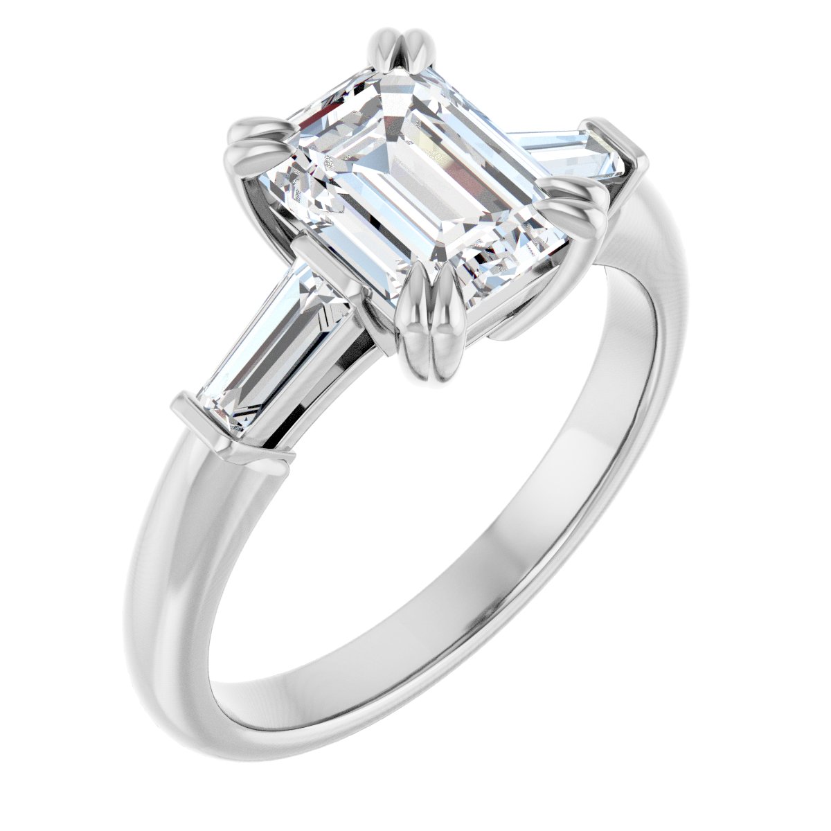 Natural Diamond Emerald Double Claw-Prong Three-Stone Engagement Ring Semi-Mount - 14K White Gold - Series 122977