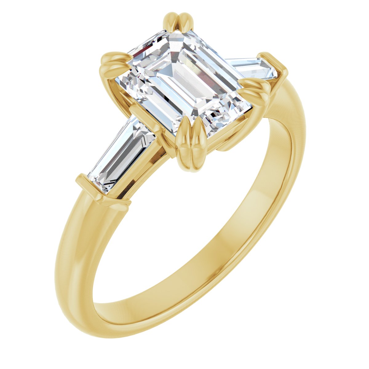 Natural Diamond Emerald Double Claw-Prong Three-Stone Engagement Ring Semi-Mount - 14K Yellow Gold - Series 122977