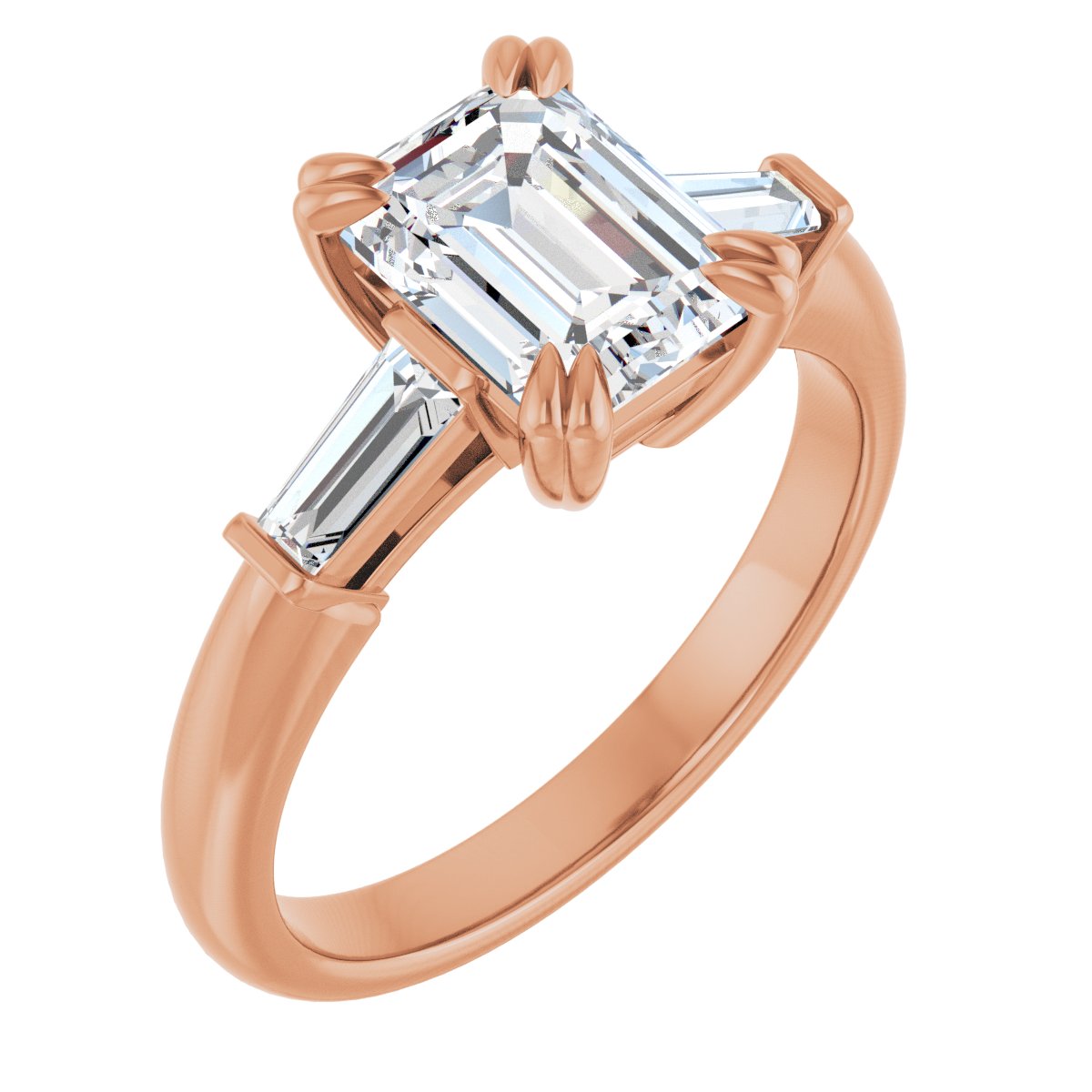 Natural Diamond Emerald Double Claw-Prong Three-Stone Engagement Ring Semi-Mount - 14K Rose Gold - Series 122977