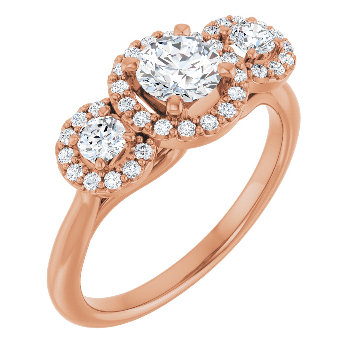 Natural Diamond Round Three-Stone Halo-Style Engagement Ring Semi-Mount - 14K Rose Gold - Series 123485