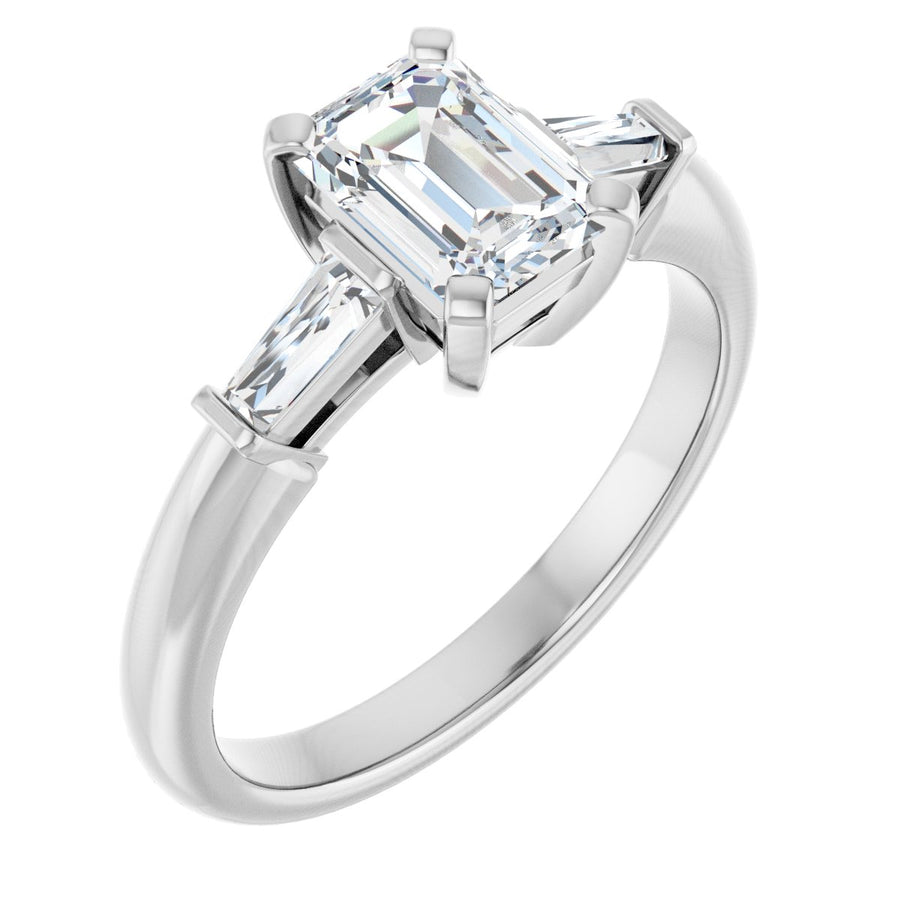 Natural Diamond Emerald Three-Stone Engagement Ring Semi-Mount - 14K White Gold - Series 69706