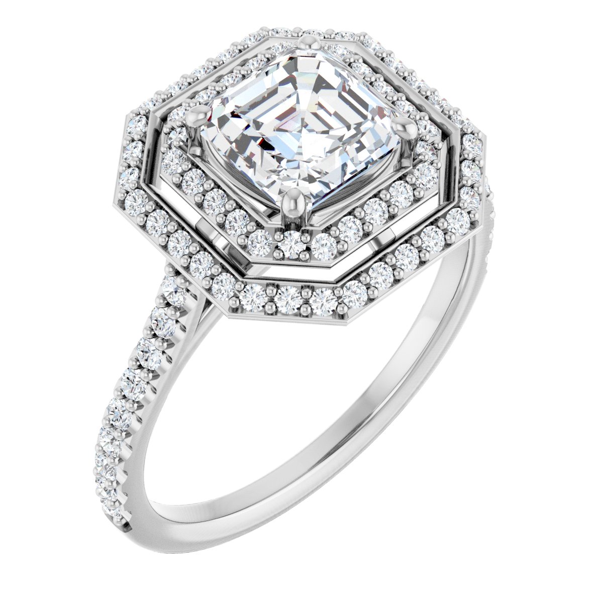 Natural Diamond Asscher Double Halo-Style Engagement Ring Semi-Mount - 14K White Gold - Series 121992