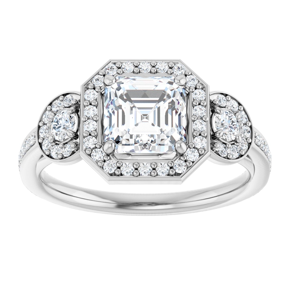 Asscher Three-Stone Halo-Style Engagement Ring Semi-Mount - gallery - Series 121999