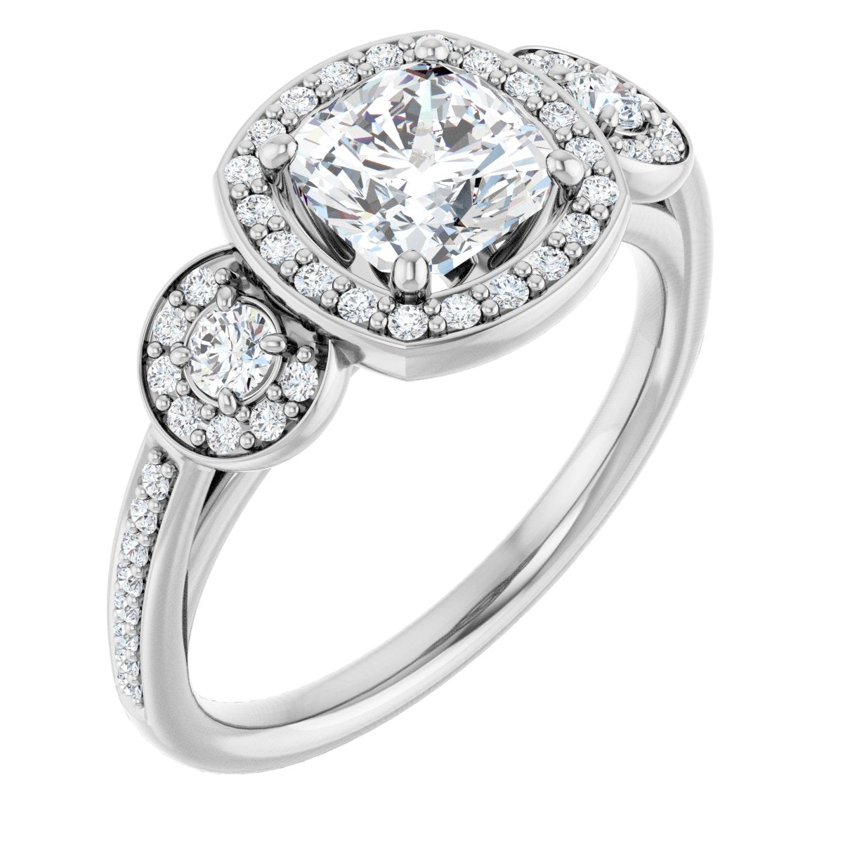 Natural Diamond Cushion Three-Stone Halo-Style Engagement Ring Semi-Mount - Platinum - Series 121999