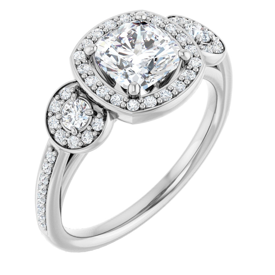 Natural Diamond Cushion Three-Stone Halo-Style Engagement Ring Semi-Mount - Platinum - Series 121999