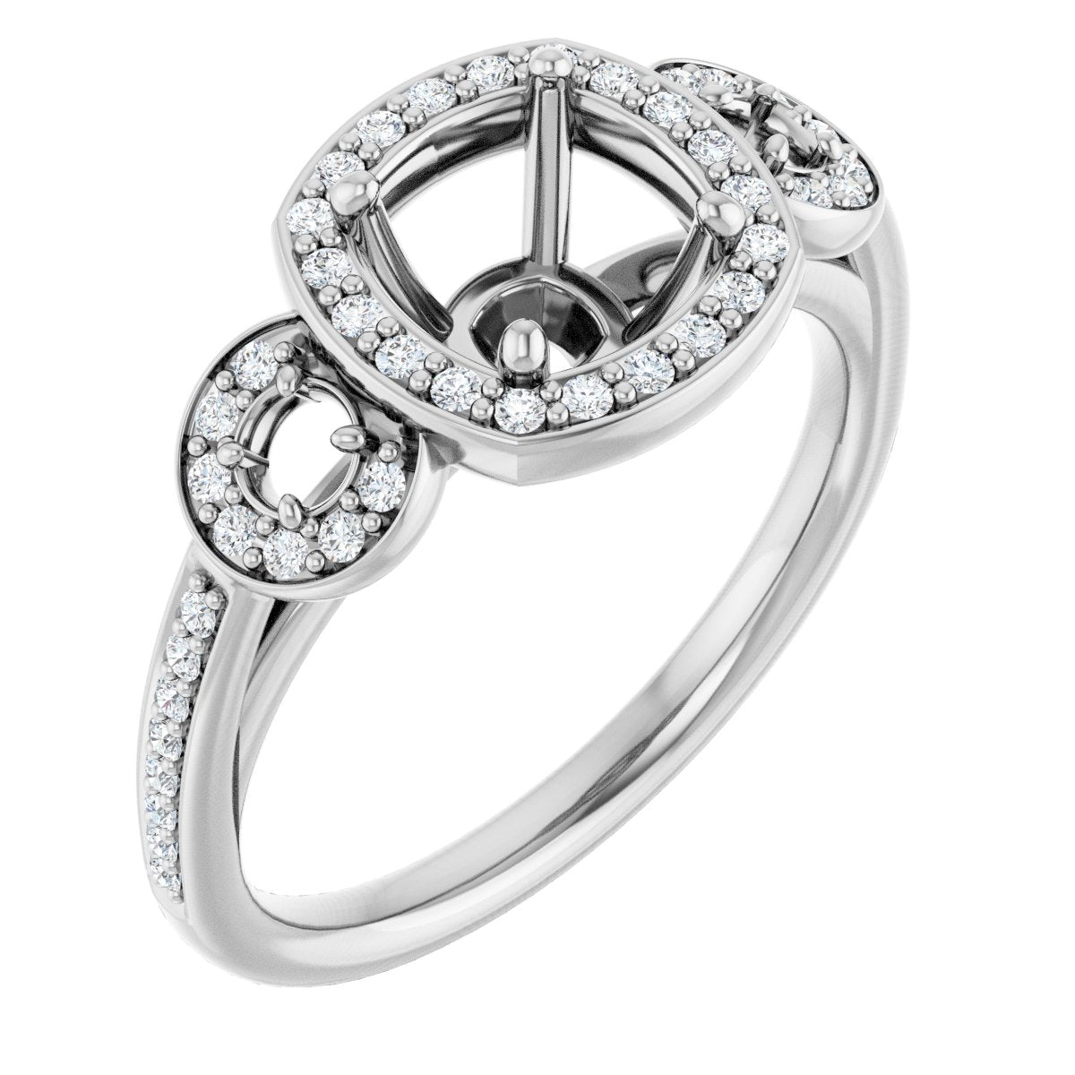 Cushion Three-Stone Halo-Style Engagement Ring Semi-Mount - gallery - Series 121999