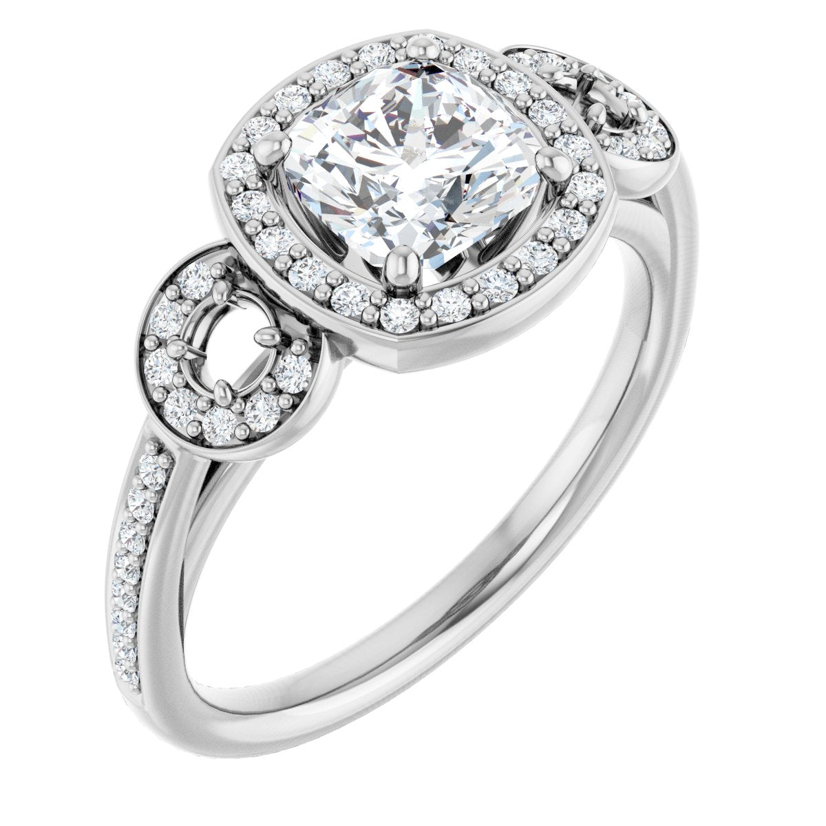 Cushion Three-Stone Halo-Style Engagement Ring Semi-Mount - gallery - Series 121999