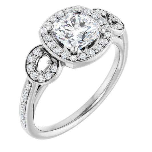 Cushion Three-Stone Halo-Style Engagement Ring Semi-Mount - gallery - Series 121999