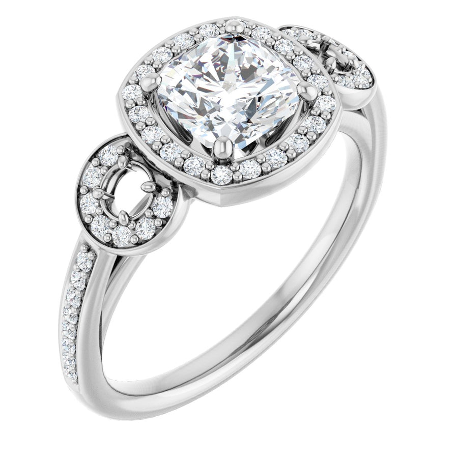 Cushion Three-Stone Halo-Style Engagement Ring Semi-Mount - gallery - Series 121999
