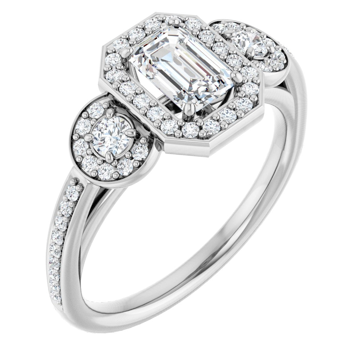 Natural Diamond Emerald Three-Stone Halo-Style Engagement Ring Semi-Mount - Platinum - Series 121999