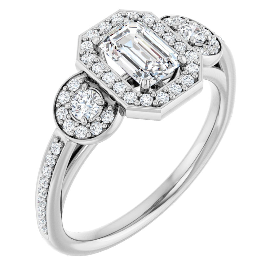 Natural Diamond Emerald Three-Stone Halo-Style Engagement Ring Semi-Mount - Platinum - Series 121999