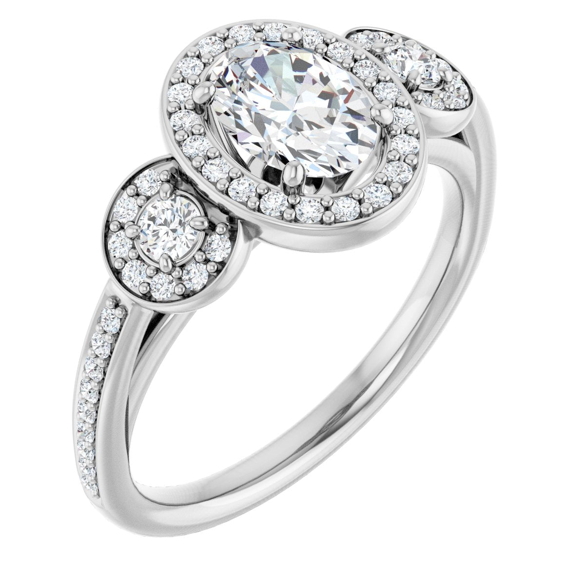 Natural Diamond Oval Three-Stone Halo-Style Engagement Ring Semi-Mount - Platinum - Series 121999
