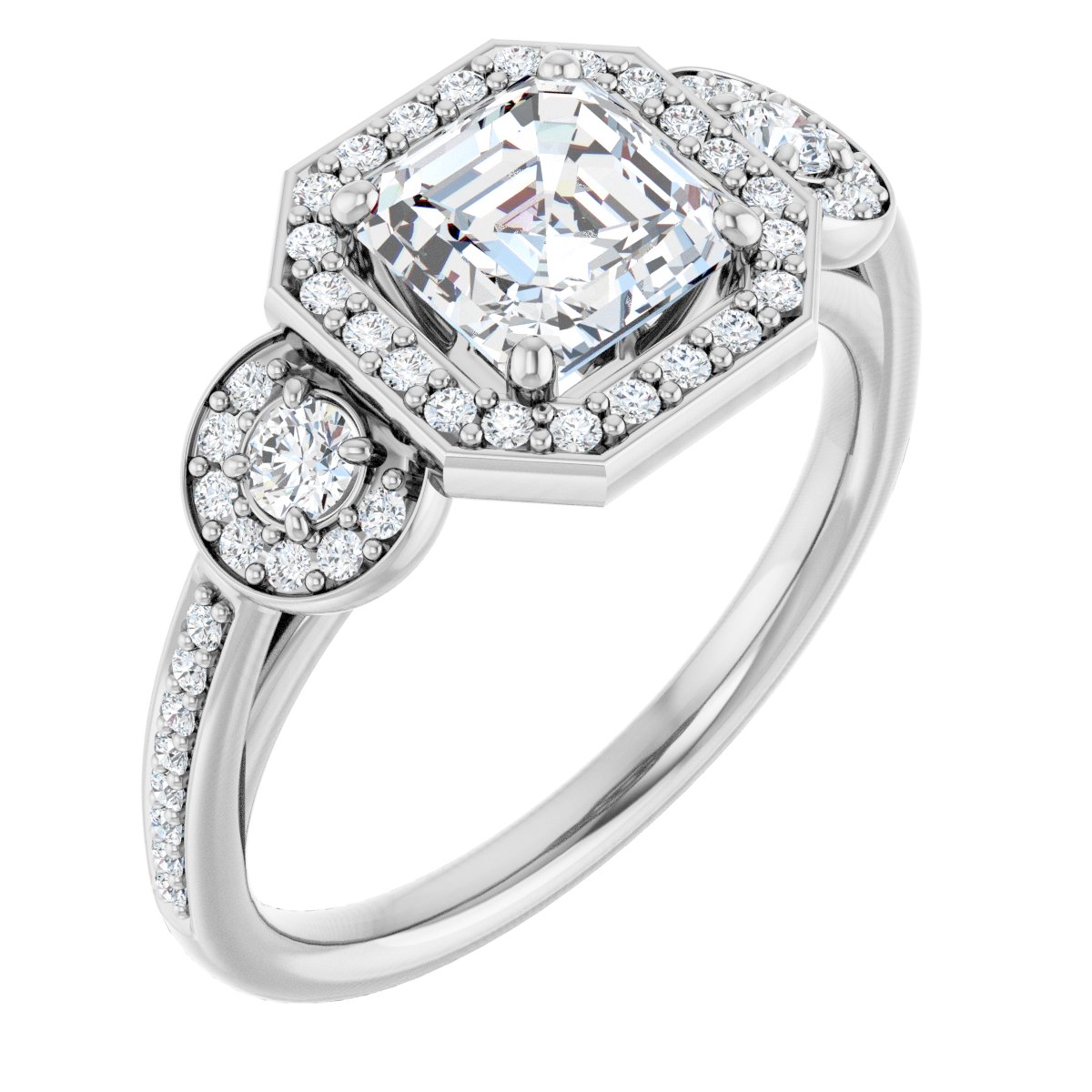 Natural Diamond Asscher Three-Stone Halo-Style Engagement Ring Semi-Mount - Platinum - Series 121999