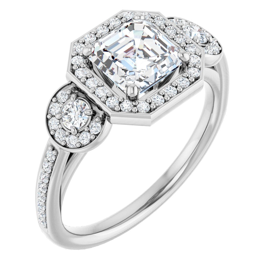 Natural Diamond Asscher Three-Stone Halo-Style Engagement Ring Semi-Mount - Platinum - Series 121999