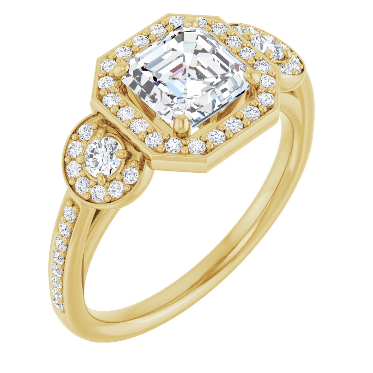 Natural Diamond Asscher Three-Stone Halo-Style Engagement Ring Semi-Mount - 14K Yellow Gold - Series 121999