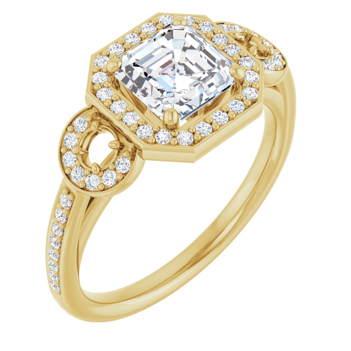 Asscher Three-Stone Halo-Style Engagement Ring Semi-Mount - gallery - Series 121999