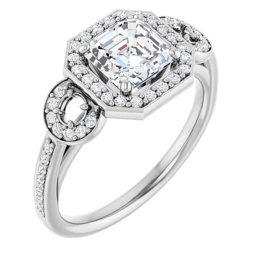 Asscher Three-Stone Halo-Style Engagement Ring Semi-Mount - gallery - Series 121999