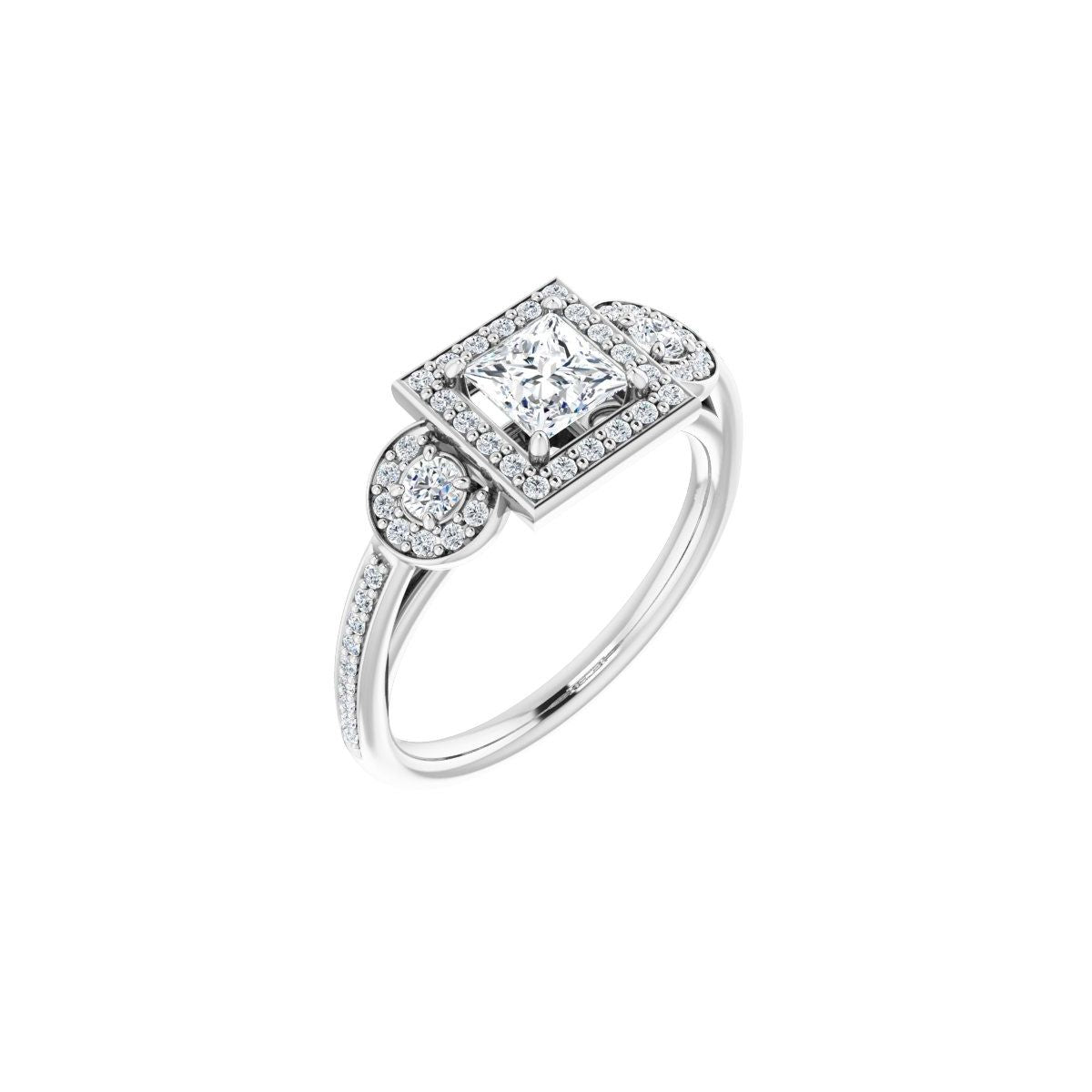 Natural Diamond Square Three-Stone Halo-Style Engagement Ring Semi-Mount - 14K White Gold - Series 121999
