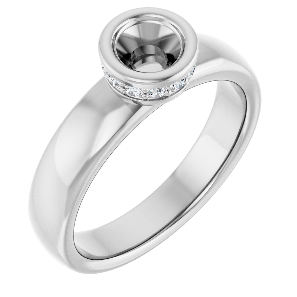 Natural Diamond Round Bezel-Set Hidden Halo-Style Engagement Ring Semi-Mount - 18K White Gold - Series 122043