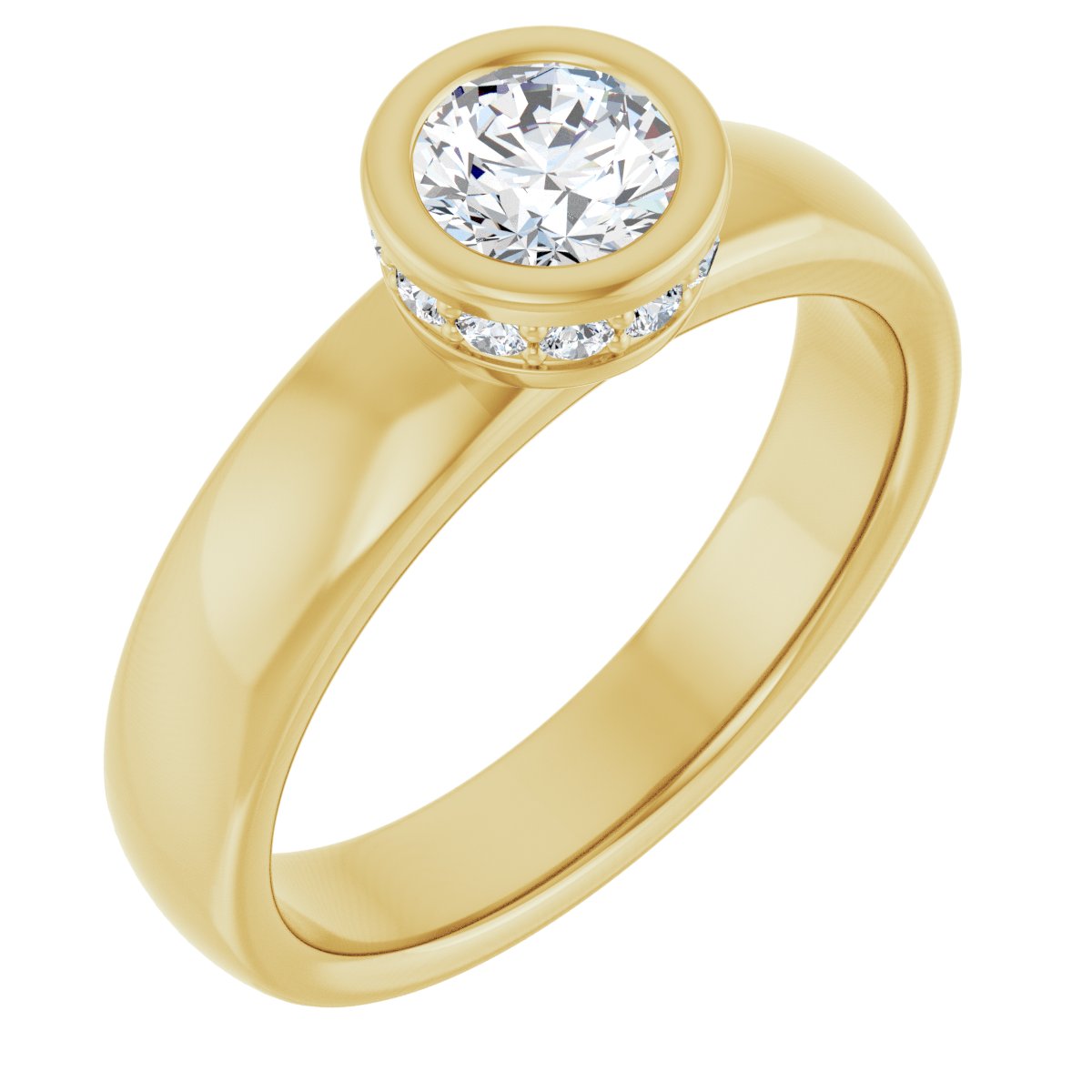 Natural Diamond Round Bezel-Set Hidden Halo-Style Engagement Ring Semi-Mount - 14K Yellow Gold - Series 122043