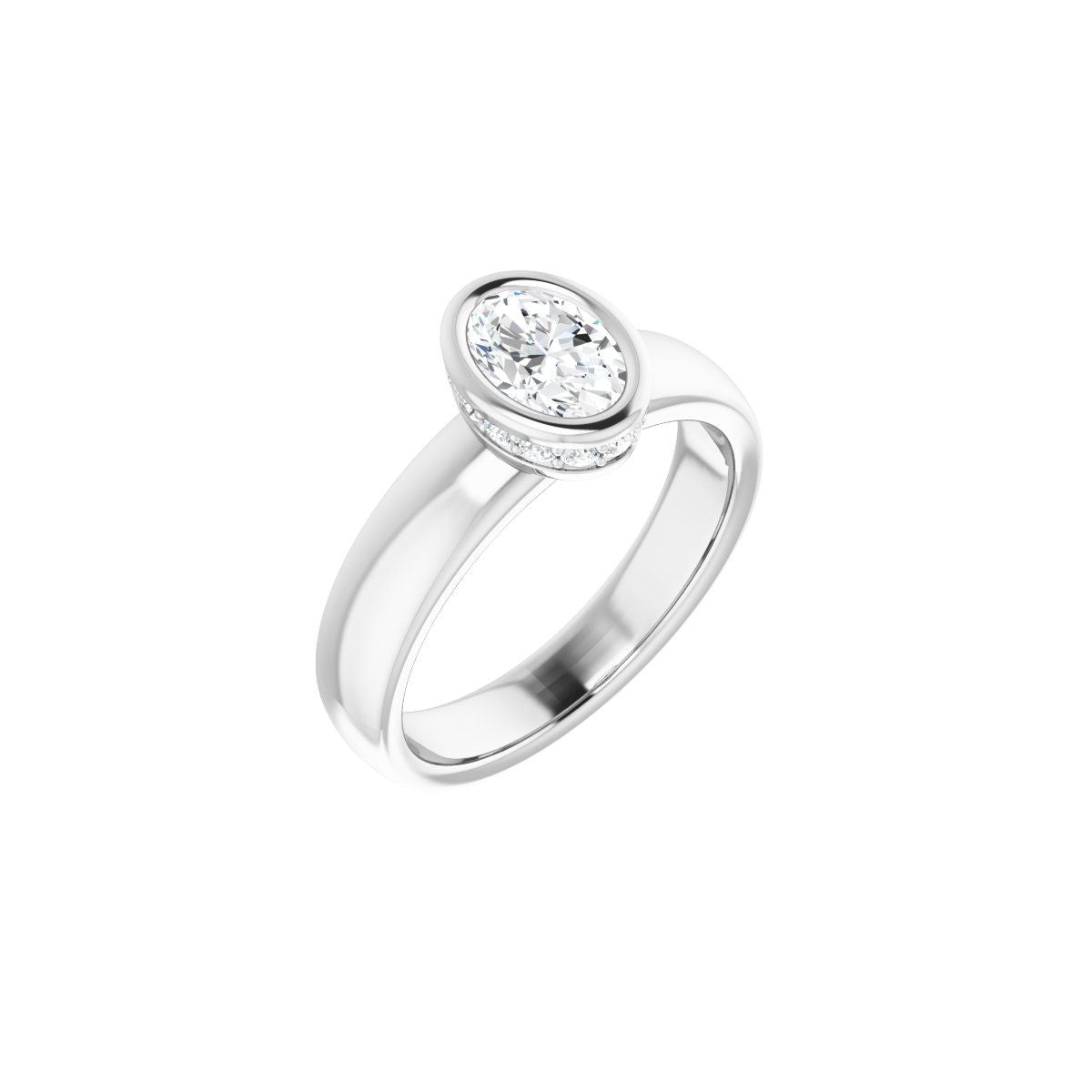 Natural Diamond Oval Bezel-Set Hidden Halo-Style Engagement Ring Semi-Mount - 14K White Gold - Series 122043