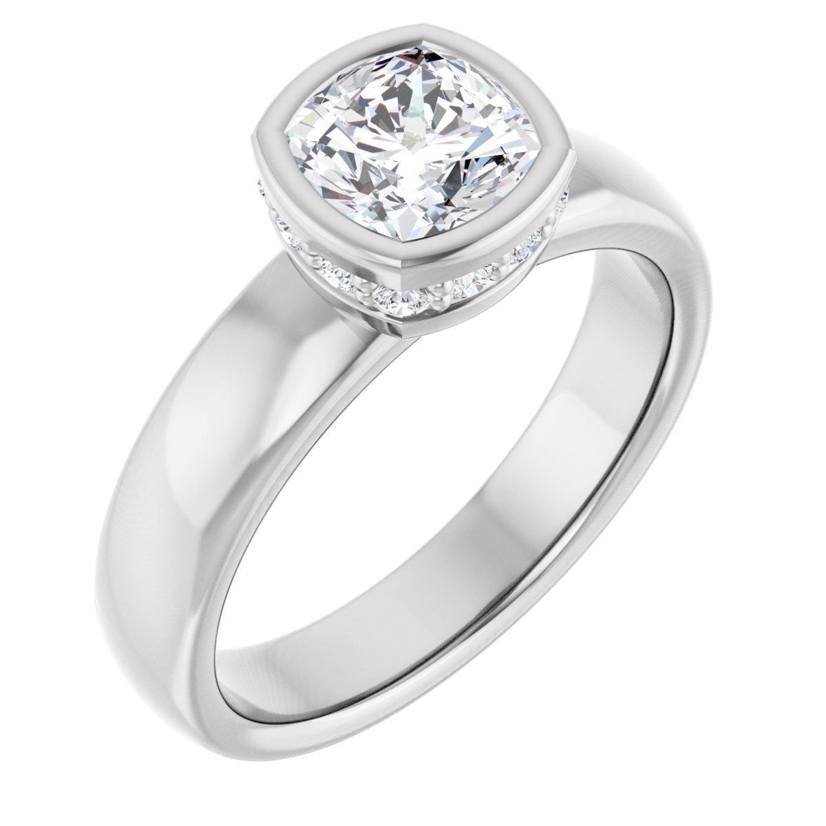 Natural Diamond Cushion Bezel-Set Hidden Halo-Style Engagement Ring Semi-Mount - 14K White Gold - Series 122043