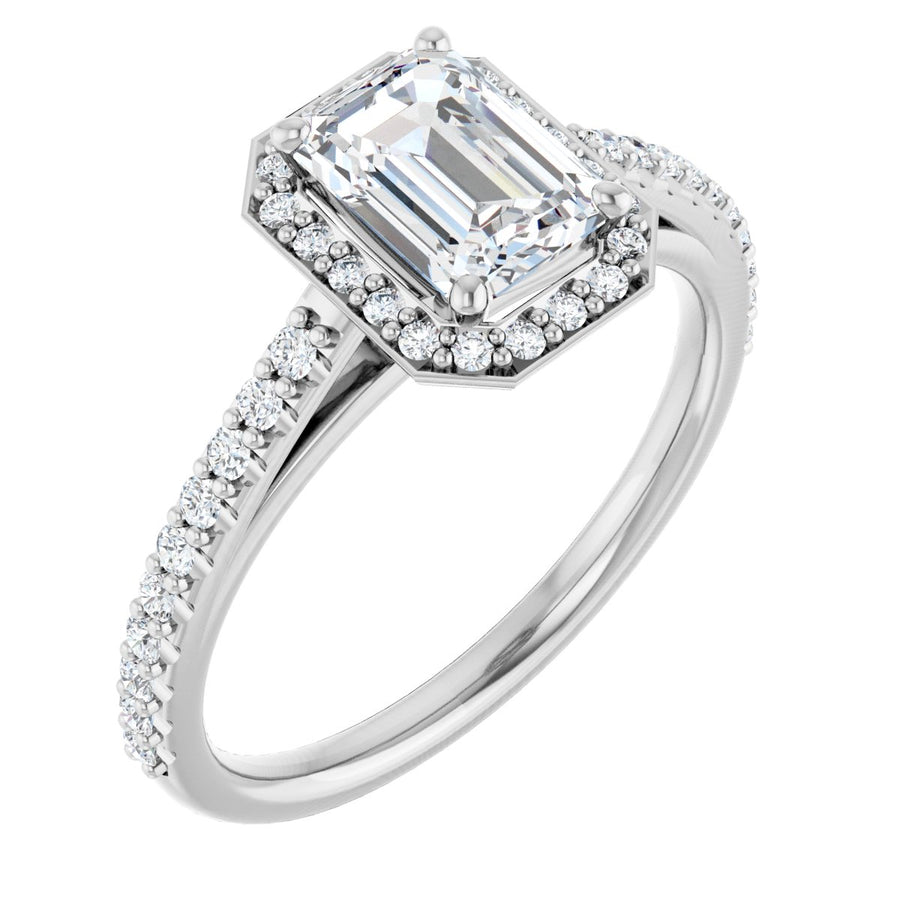 Natural Diamond Emerald Halo-Style Engagement Ring Semi-Mount - 14K White Gold - Series 121987