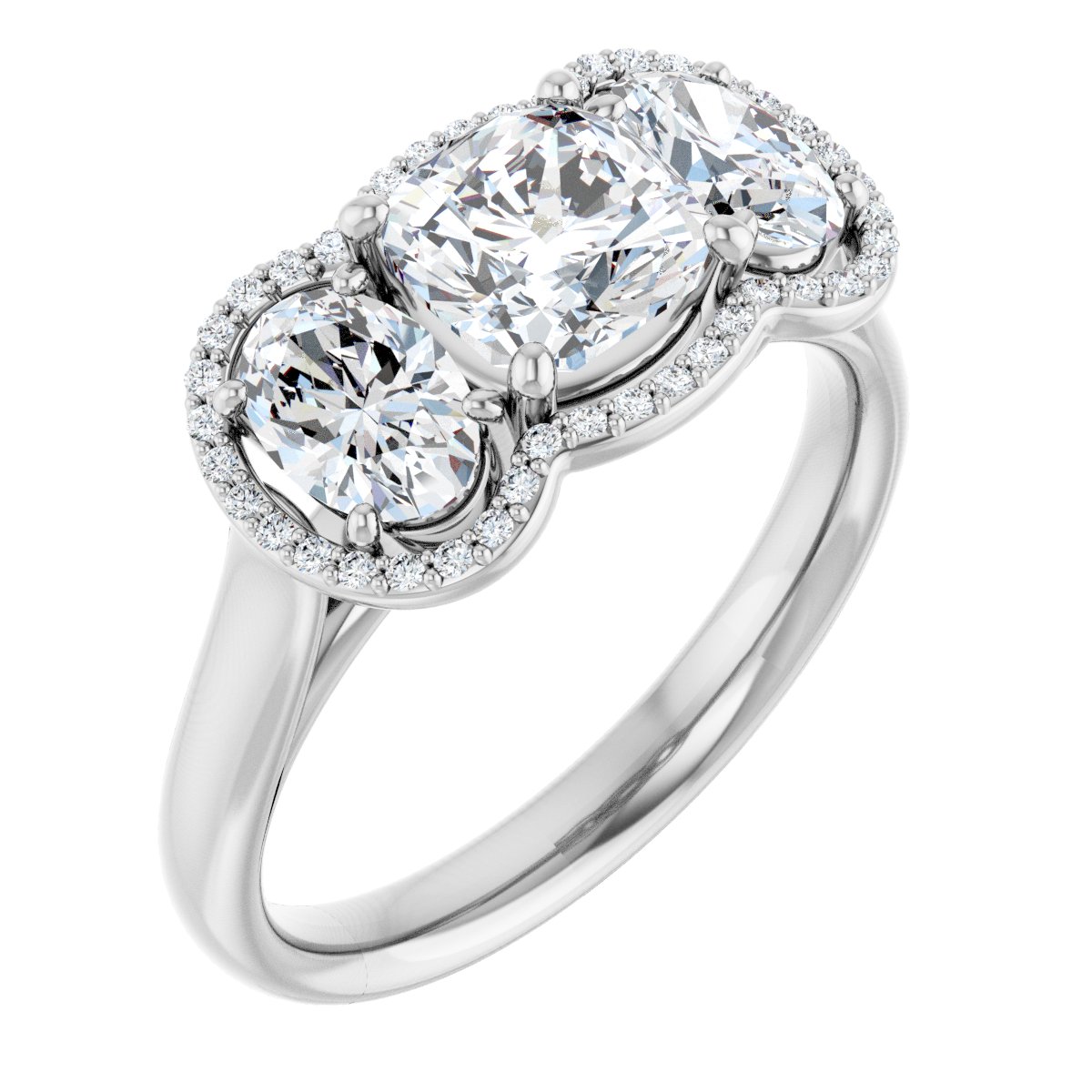 Natural Diamond Cushion Three-Stone Halo-Style Engagement Ring Semi-Mount - 14K White Gold - Series 71602