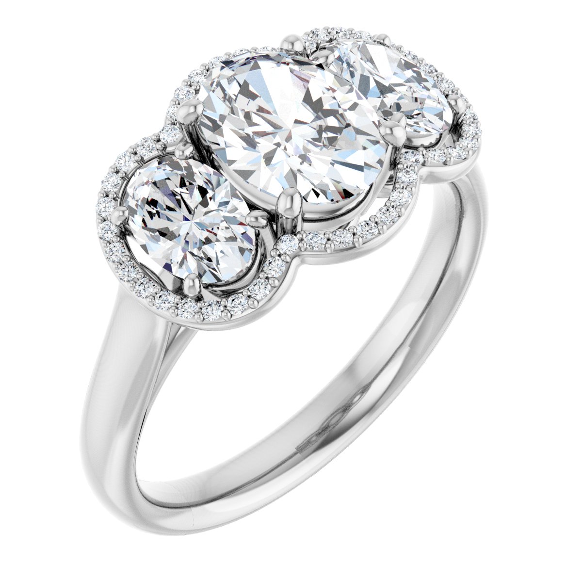 Natural Diamond Oval Three-Stone Halo-Style Engagement Ring Semi-Mount - 14K White Gold - Series 71602