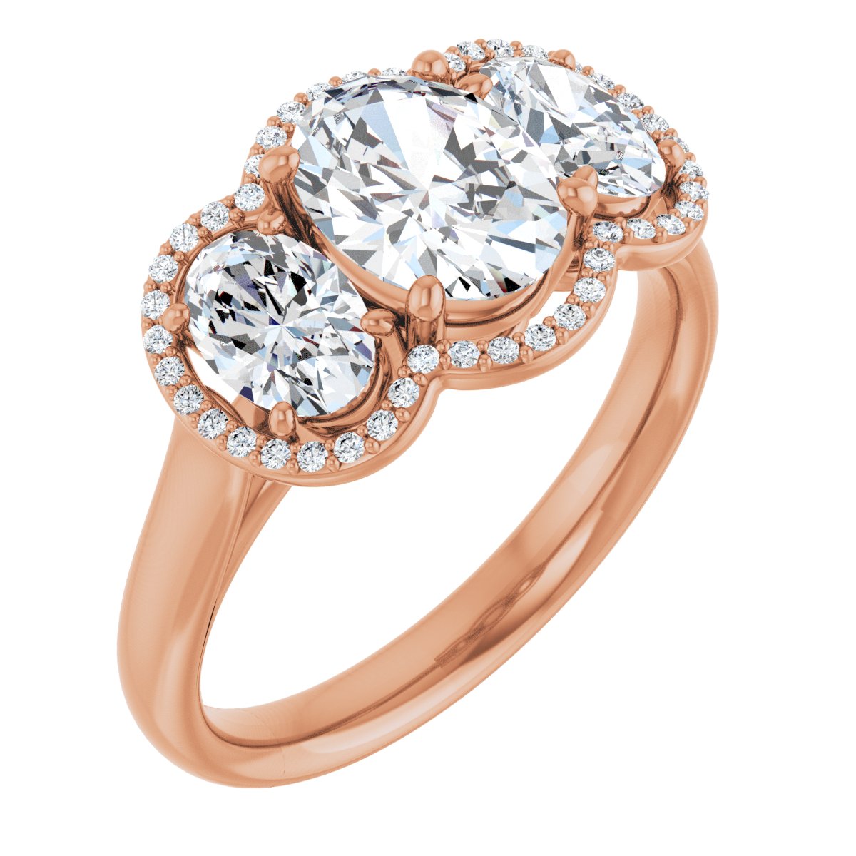 Natural Diamond Oval Three-Stone Halo-Style Engagement Ring Semi-Mount - 14K Rose Gold - Series 71602