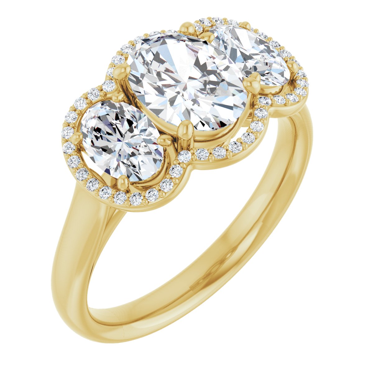 Natural Diamond Oval Three-Stone Halo-Style Engagement Ring Semi-Mount - 14K Yellow Gold - Series 71602