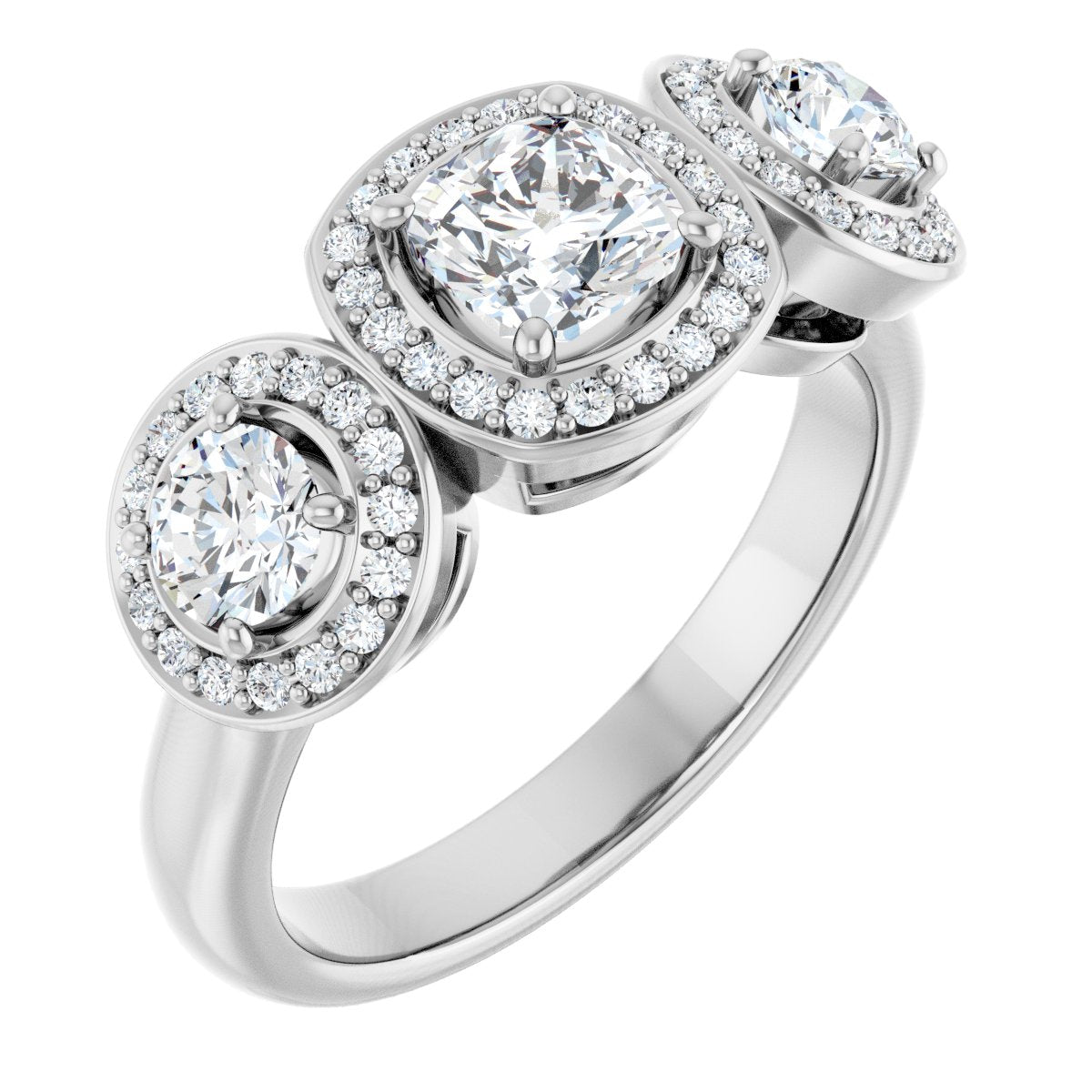 Natural Diamond Cushion Three-Stone Halo-Style Engagement Ring Semi-Mount - 14K White Gold - Series 122053