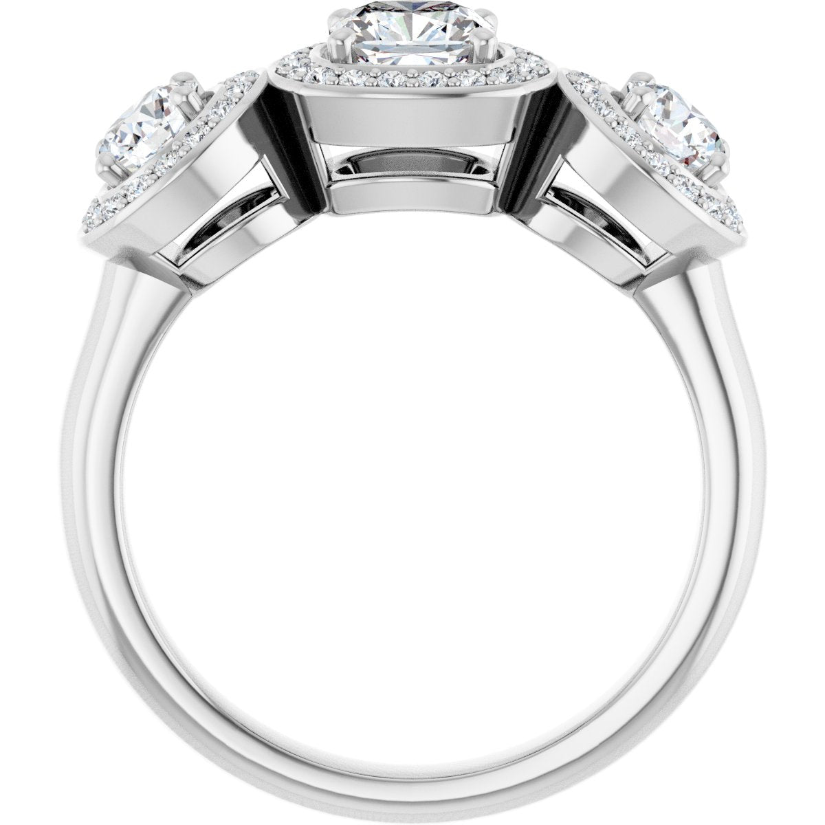 Cushion Three-Stone Halo-Style Engagement Ring Semi-Mount - gallery - Series 122053