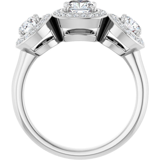 Cushion Three-Stone Halo-Style Engagement Ring Semi-Mount - gallery - Series 122053