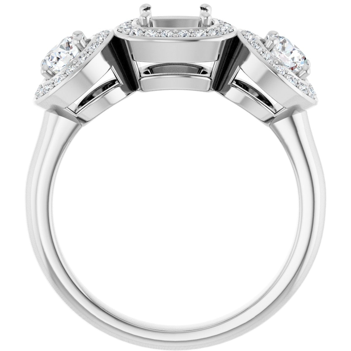 Cushion Three-Stone Halo-Style Engagement Ring Semi-Mount - gallery - Series 122053