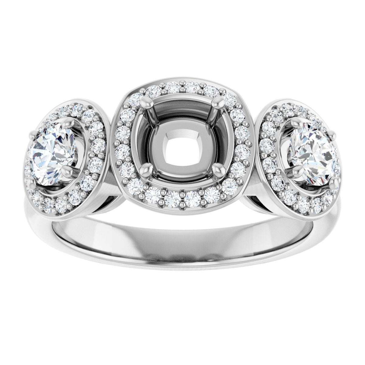 Cushion Three-Stone Halo-Style Engagement Ring Semi-Mount - gallery - Series 122053