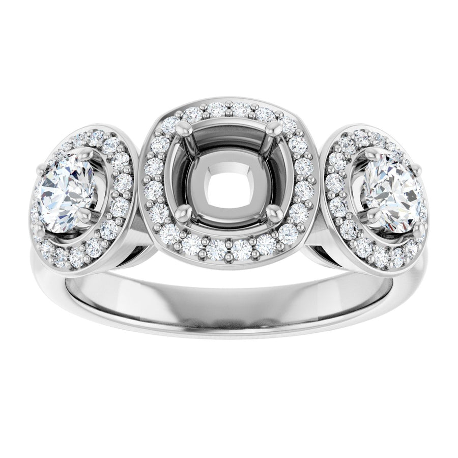 Cushion Three-Stone Halo-Style Engagement Ring Semi-Mount - gallery - Series 122053