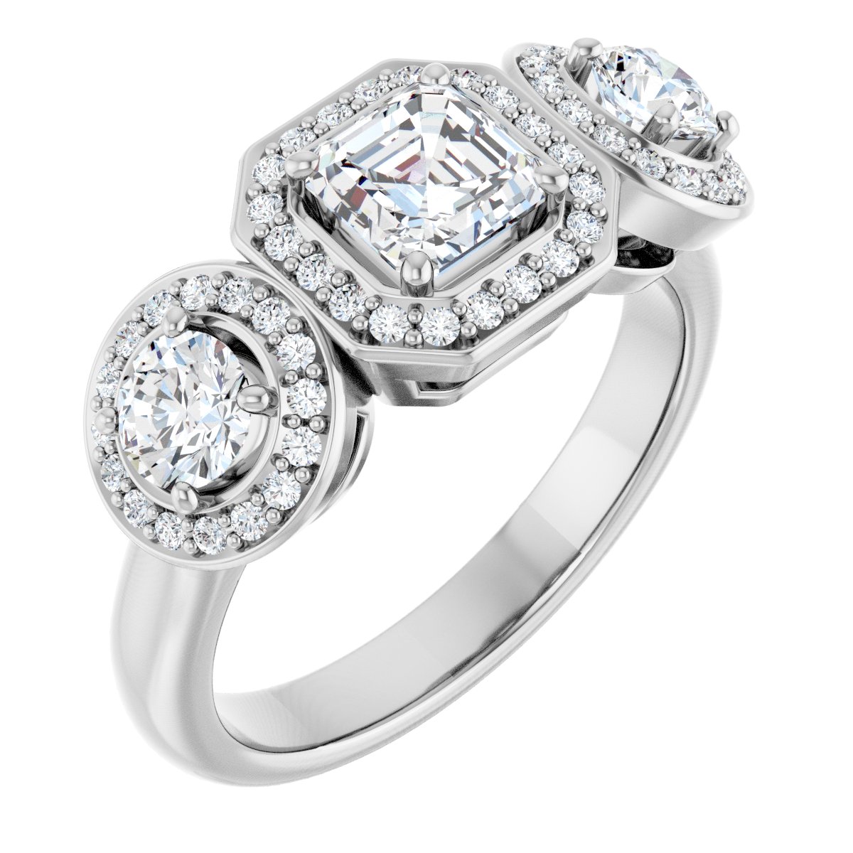 Natural Diamond Asscher Three-Stone Halo-Style Engagement Ring Semi-Mount - Platinum - Series 122053